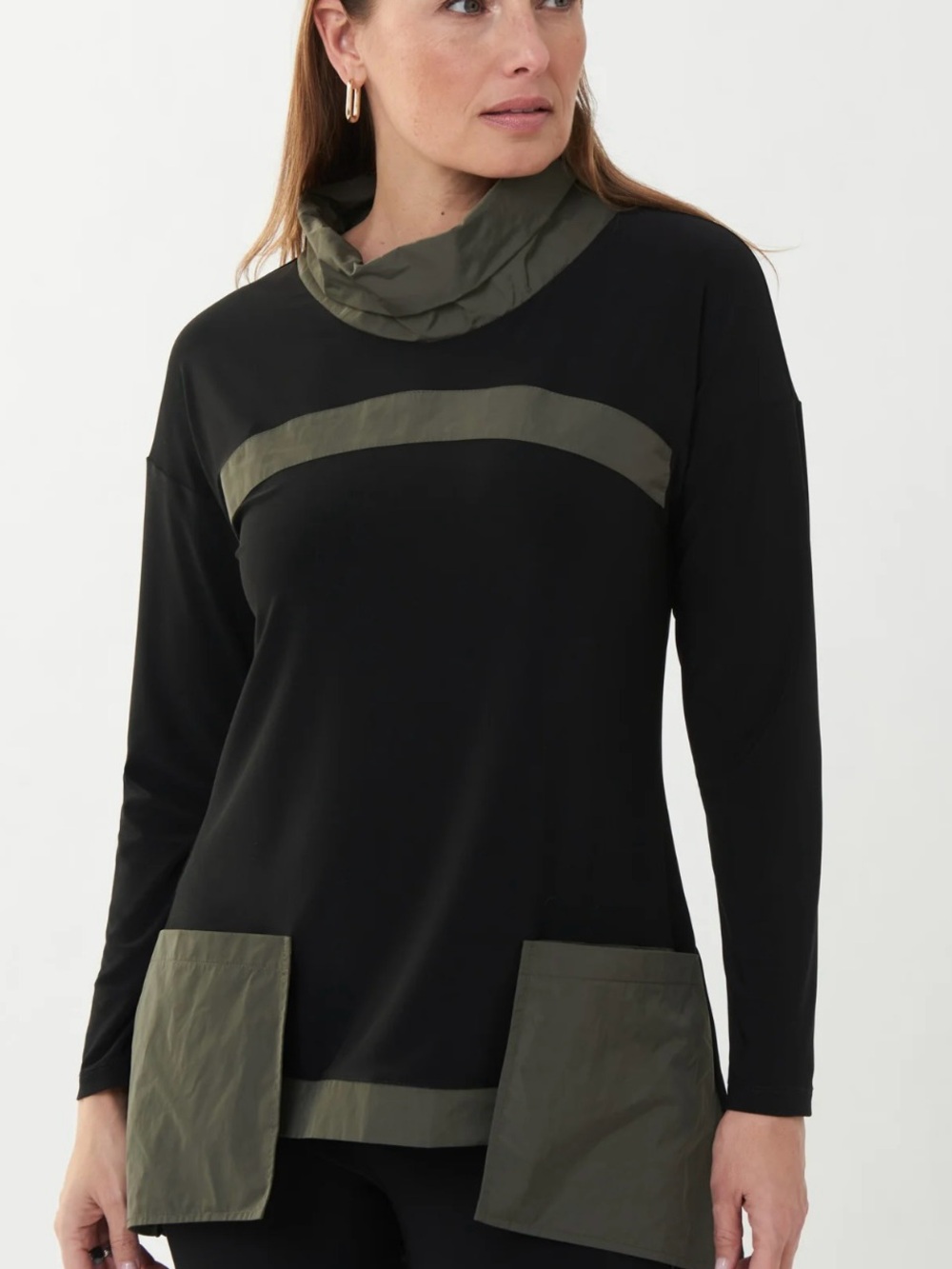 Joseph Ribkoff Black & Olive Long Sleeve Cowl Neck Pocket Tunic size 10